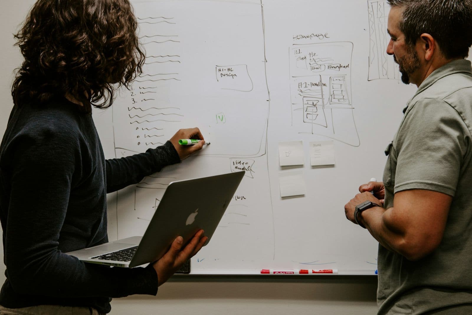 Two people seen from behind working through a diagram on a whiteboard, one holding a laptop