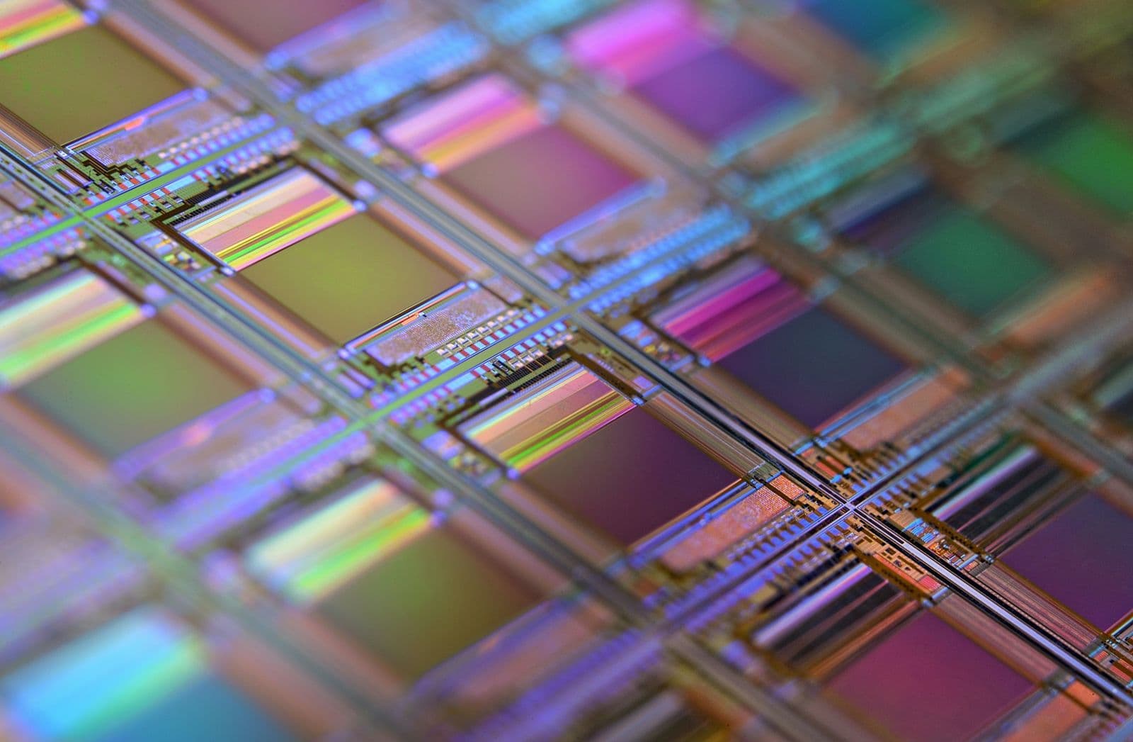 Rows of processor dies on a wafer, tinted purple and teal by the light
