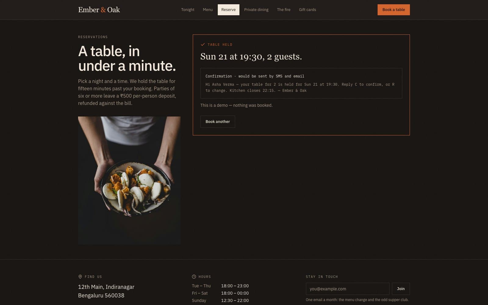 Ember & Oak — a table held, with the confirmation message the guest would receive