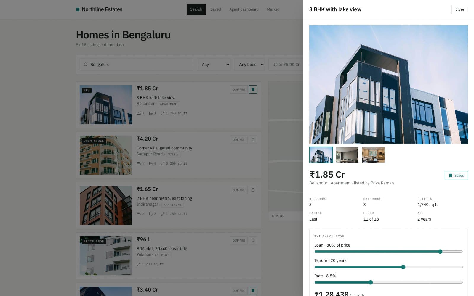 Northline Estates — a listing opened, with photos and the EMI calculator