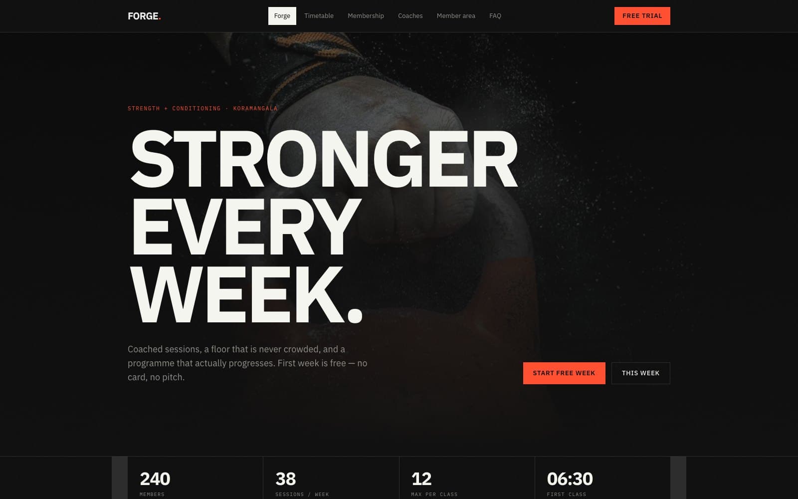 Forge Fitness gym website concept — schedule and membership layout