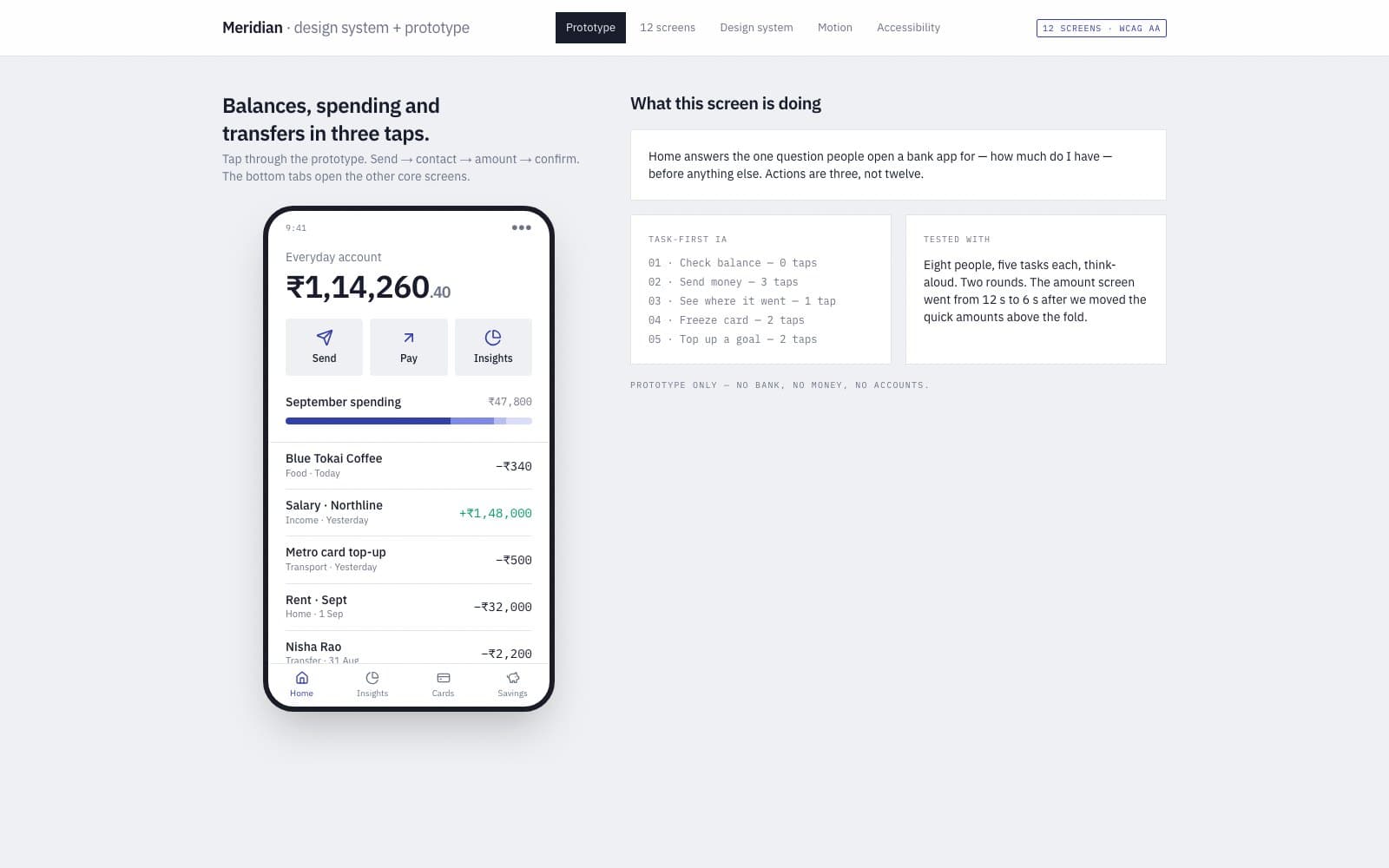 Meridian mobile banking app UI concept — home and transfer screens