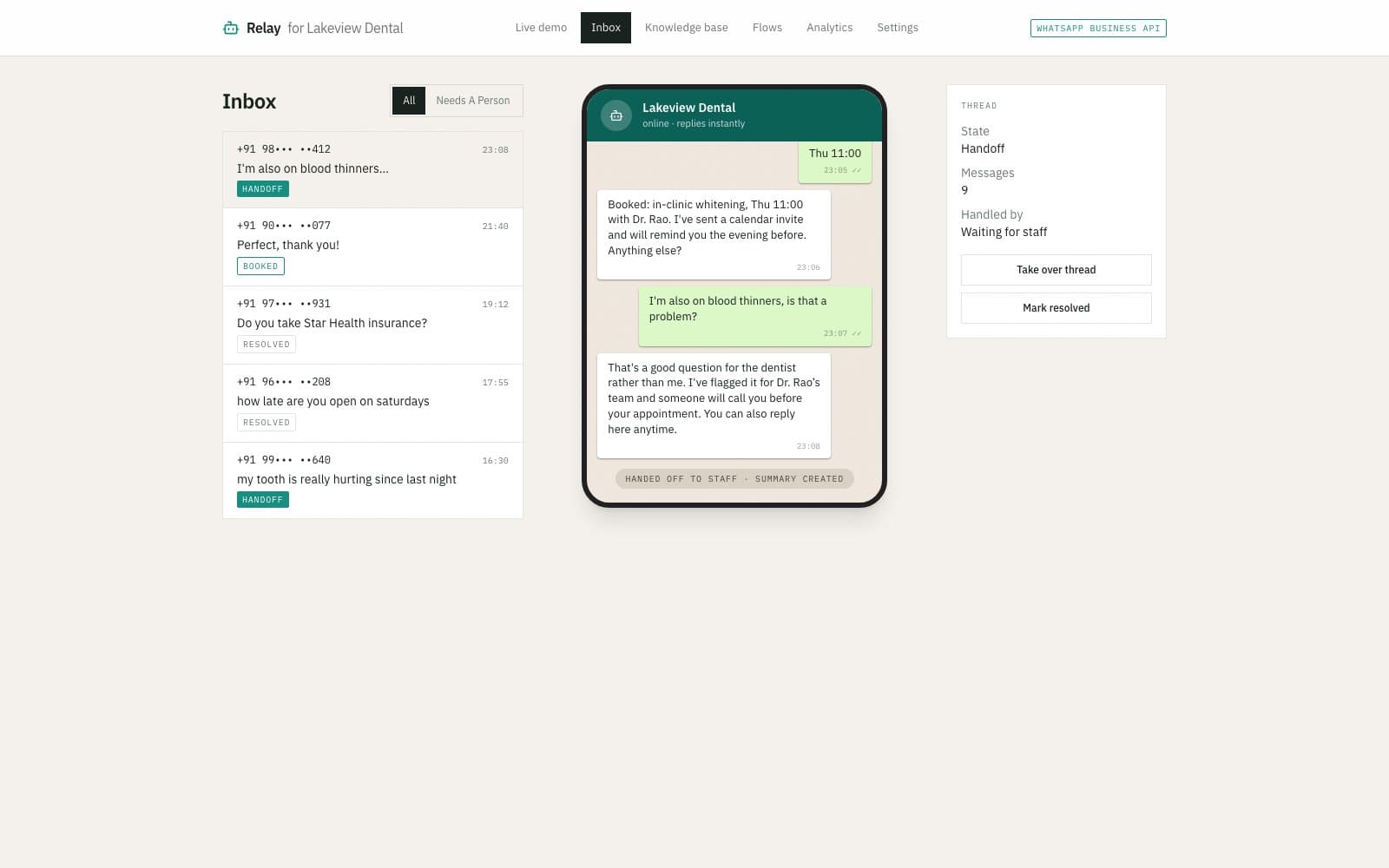 Relay — the staff inbox with a handed-off thread selected