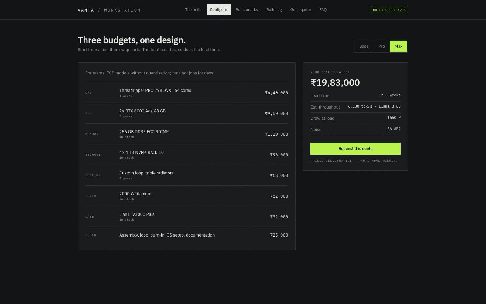 Vanta Workstation — the configurator on the Max tier with part swaps