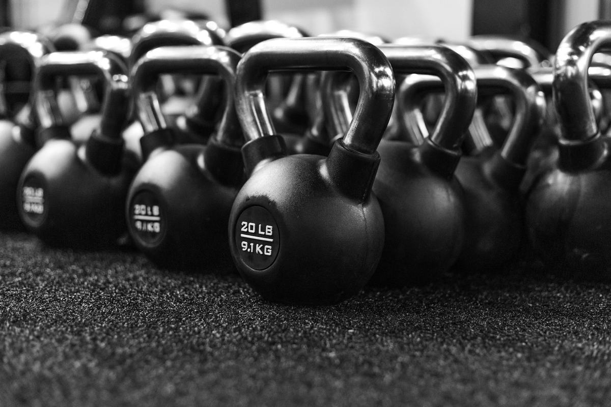 A row of kettlebells